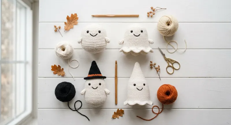 Four mini crochet ghost styles with different faces, shapes, and Halloween details.