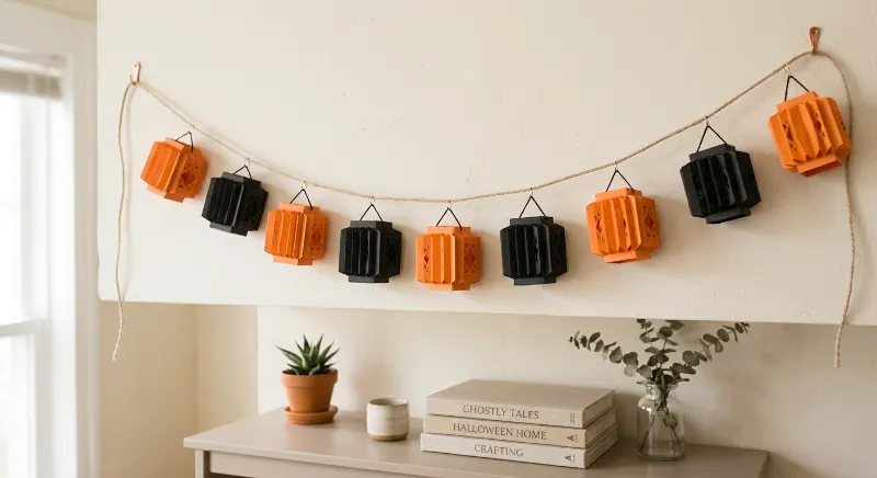 Orange and black mini paper lanterns on a Halloween garland.