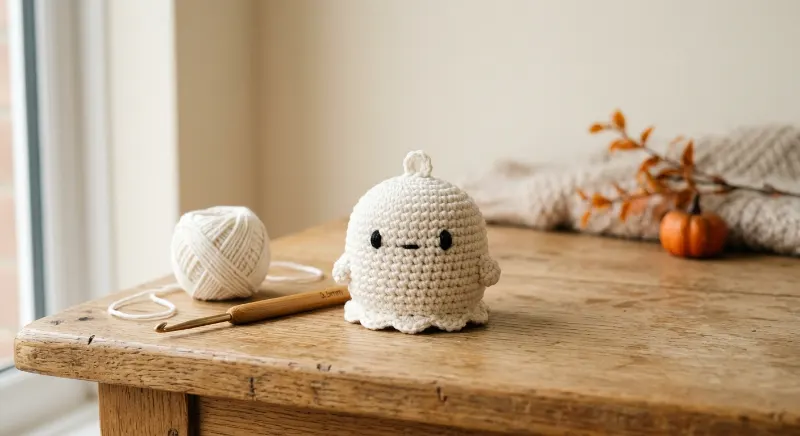 Small round white crochet ghost with black embroidered eyes beside a crochet hook.