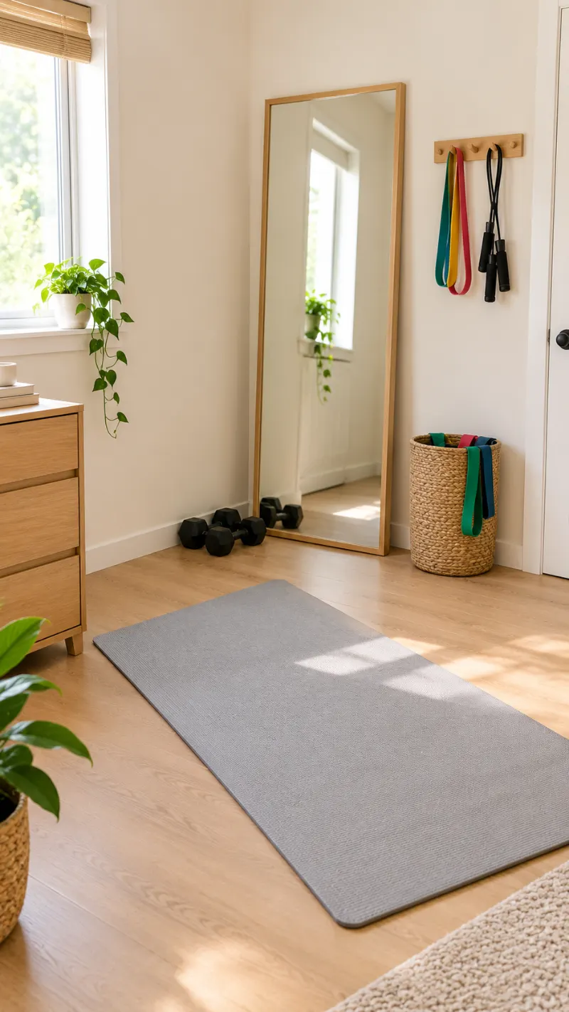 Minimal home gym wall with a mirror and compact exercise storage.