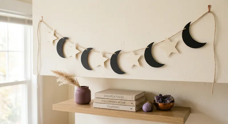 Black paper moons and cream stars in a Halloween garland.