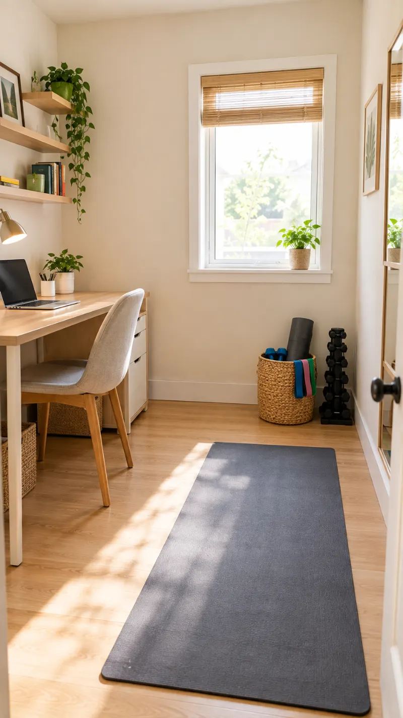  Spare room with a compact desk and an open workout area.