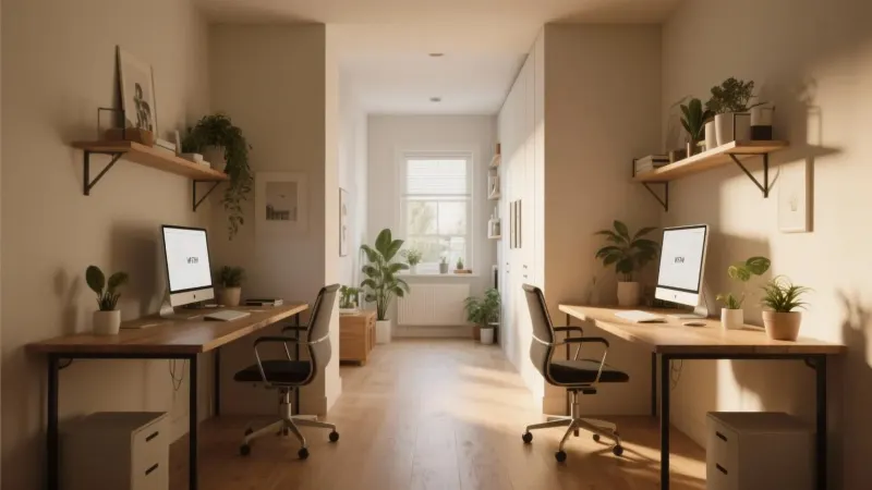Two workstations facing opposite walls with an open walkway.