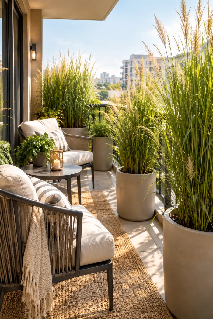 Tall ornamental grass in pots used for balcony privacy