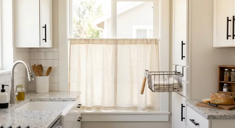 Lightweight hanging basket holding tea towels on a kitchen cabinet.