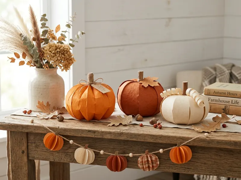 Orange and cream paper pumpkins displayed on a wooden shelf with simple fall decor.