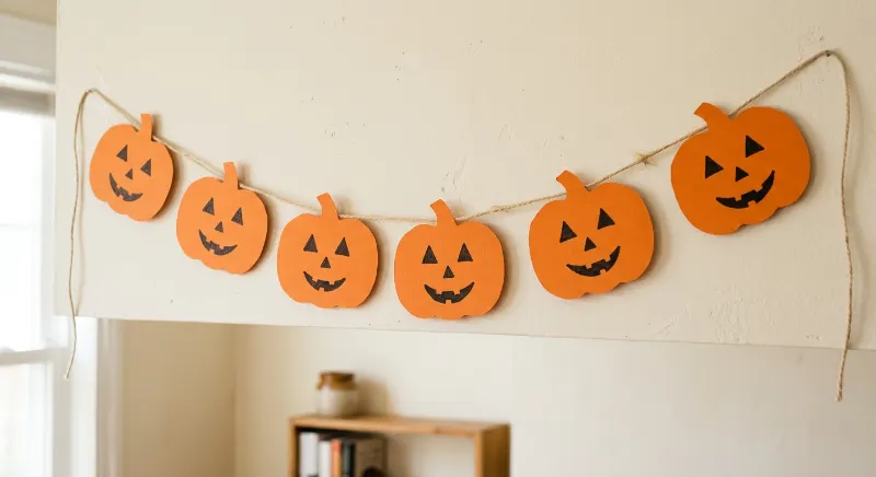 Orange paper pumpkin garland with black Halloween faces.
