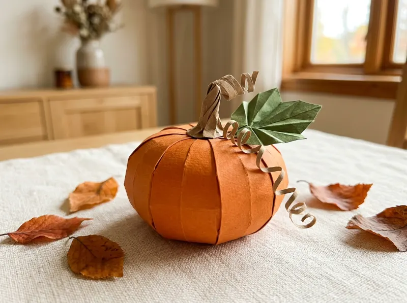 Orange paper pumpkin with a brown stem, green leaf, and curly paper vine.