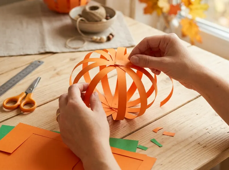 Hands shaping orange paper strips into a round pumpkin for a fall craft.