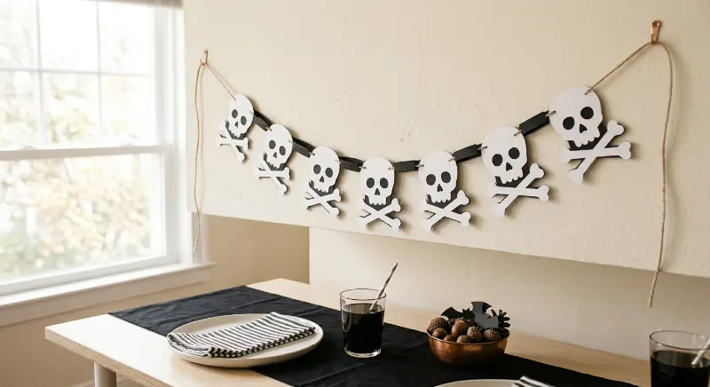 Black and white paper skull and crossbones Halloween garland.