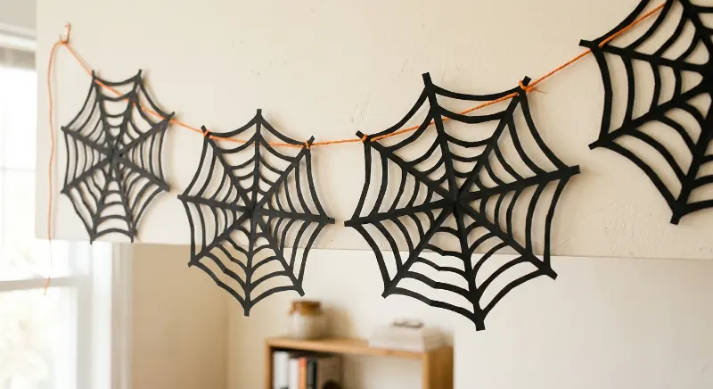 Black folded paper spiderwebs linked into a Halloween garland.