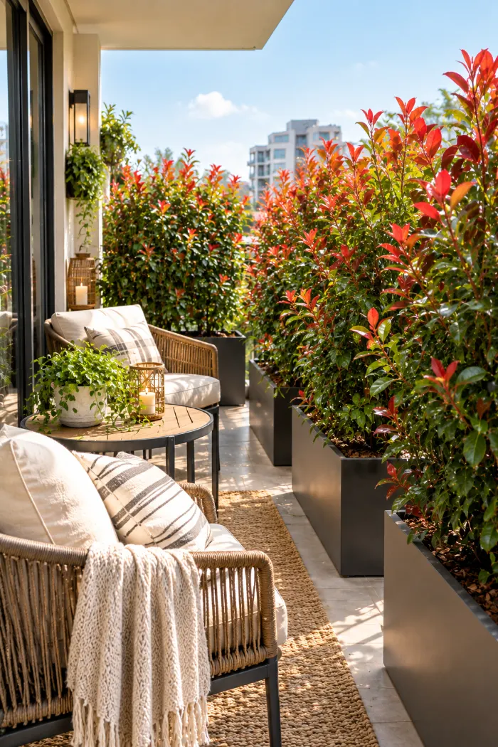 Potted Photinia plants creating a dense balcony privacy screen