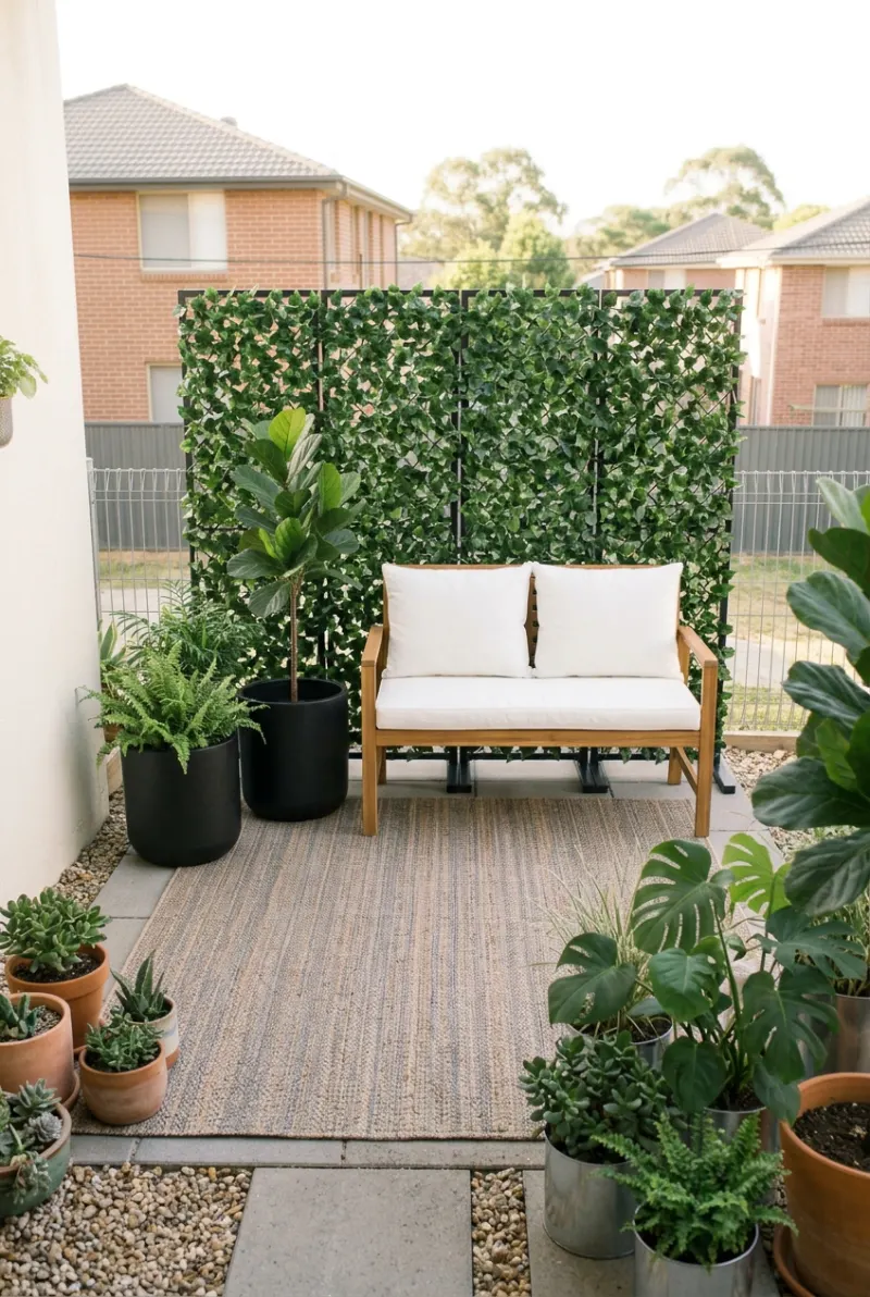 Portable faux ivy screen behind a small rental patio seating area.