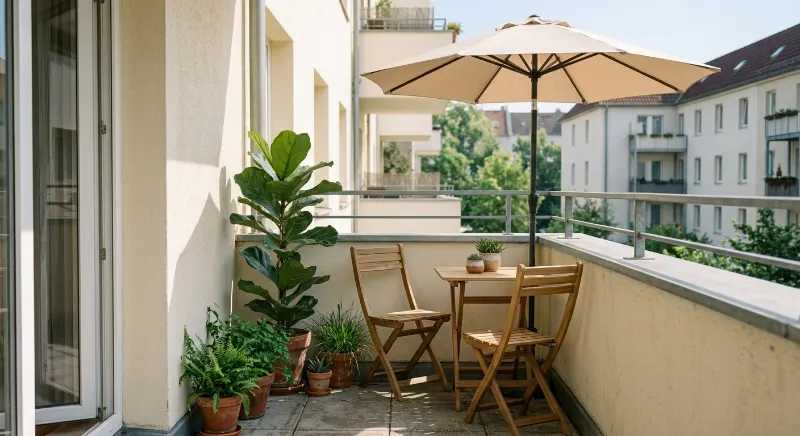 Rental balcony with a freestanding beige umbrella, wooden table, and potted plants.