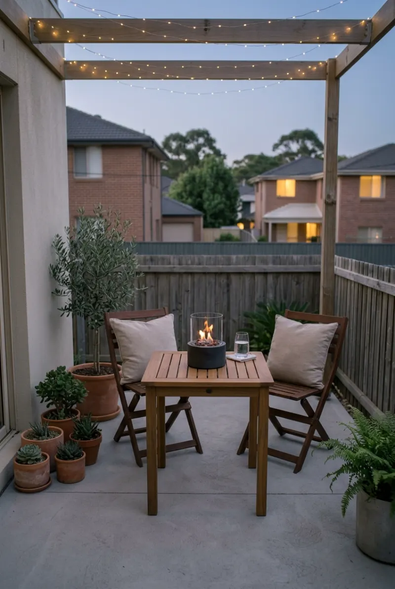 Small tabletop fire feature on a rental patio with outdoor chairs.