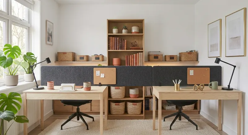 Two compact office desks separated by a low fabric privacy screen.