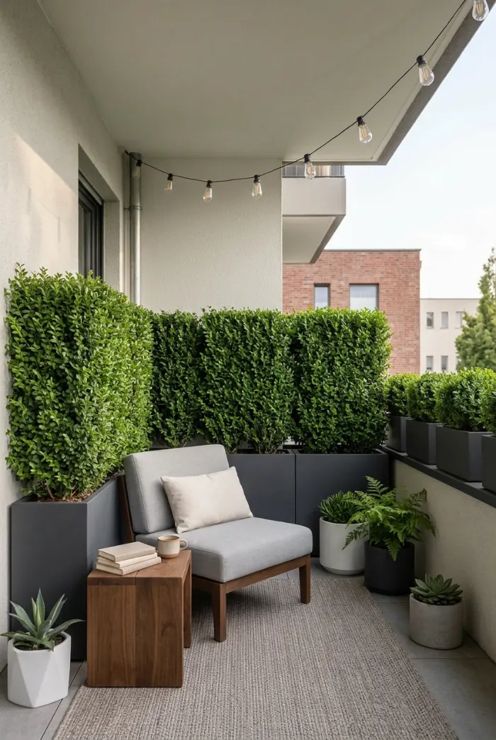 Potted privet shrubs used as a balcony privacy screen