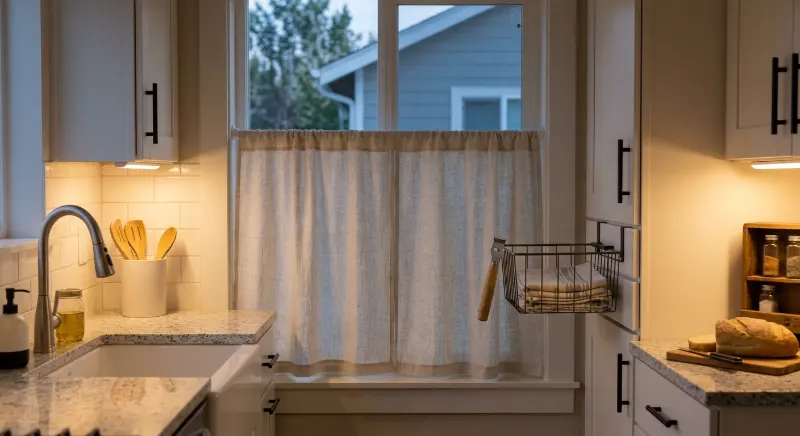 Warm white rechargeable lights illuminating a rental kitchen counter.