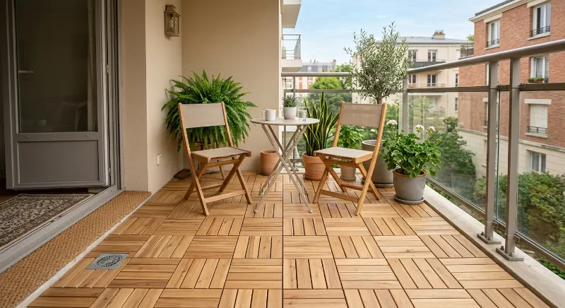 Small rental balcony with removable oak-look floor tiles and folding chairs.
