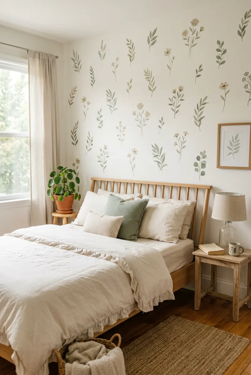 Small rental bedroom with sage green botanical wall decals above a light wood bed.