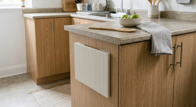 Flat kitchen cabinet fronts with subtle fluted decorative panels.
