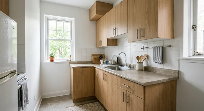 Rental kitchen cabinets with a light oak removable vinyl finish.