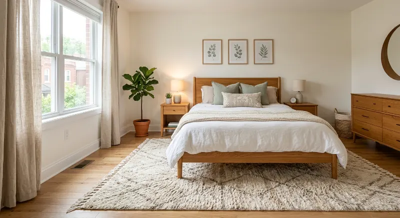 Cream area rug under a bed in a cozy rental bedroom.