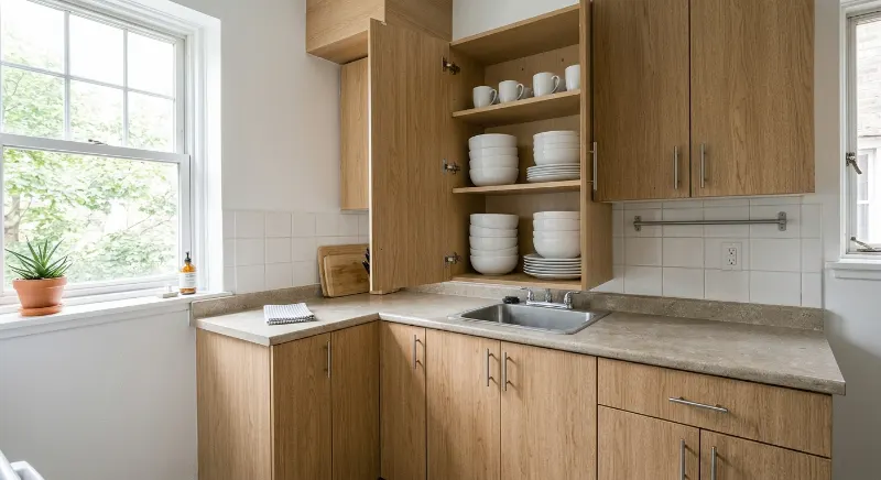 Rental kitchen cabinet displaying neatly stacked bowls and cups.