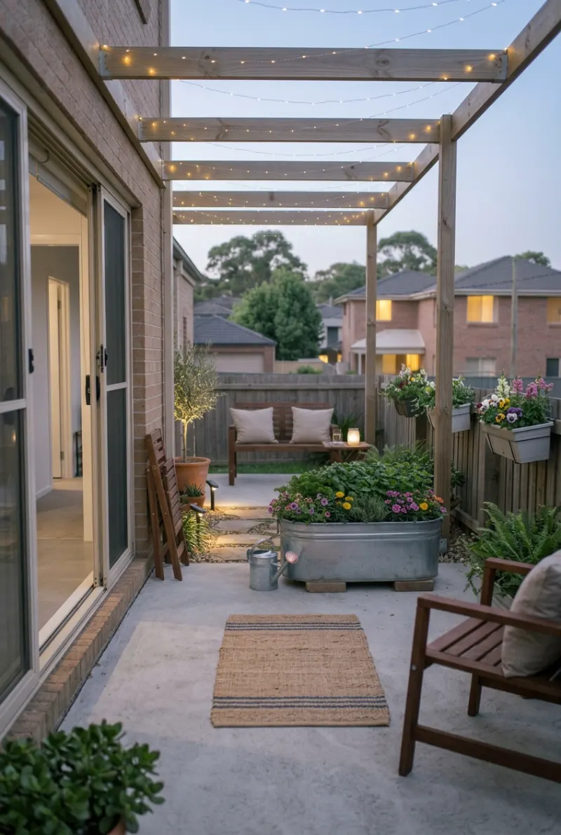 Lightweight flower planters fitted securely to a rental balcony railing.