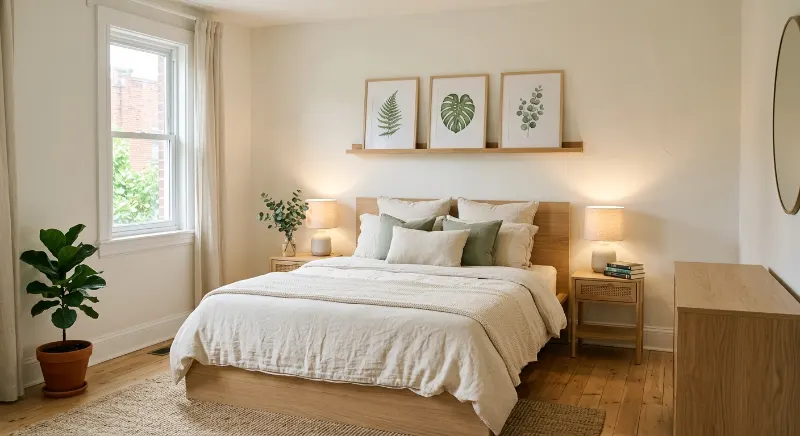 Botanical prints above a neutral bed in a rental bedroom.