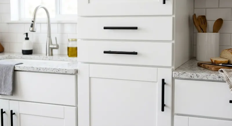 White rental kitchen cabinets with simple matte black handles.