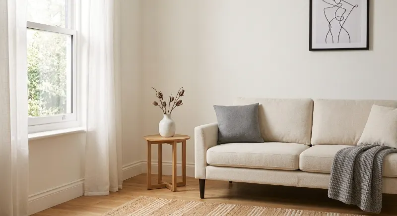 Small round wood table with a ceramic vase in a living room corner.