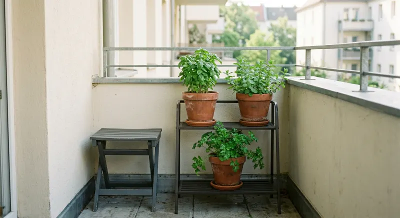 Small balcony herb garden with basil, mint, and parsley in terracotta pots.
