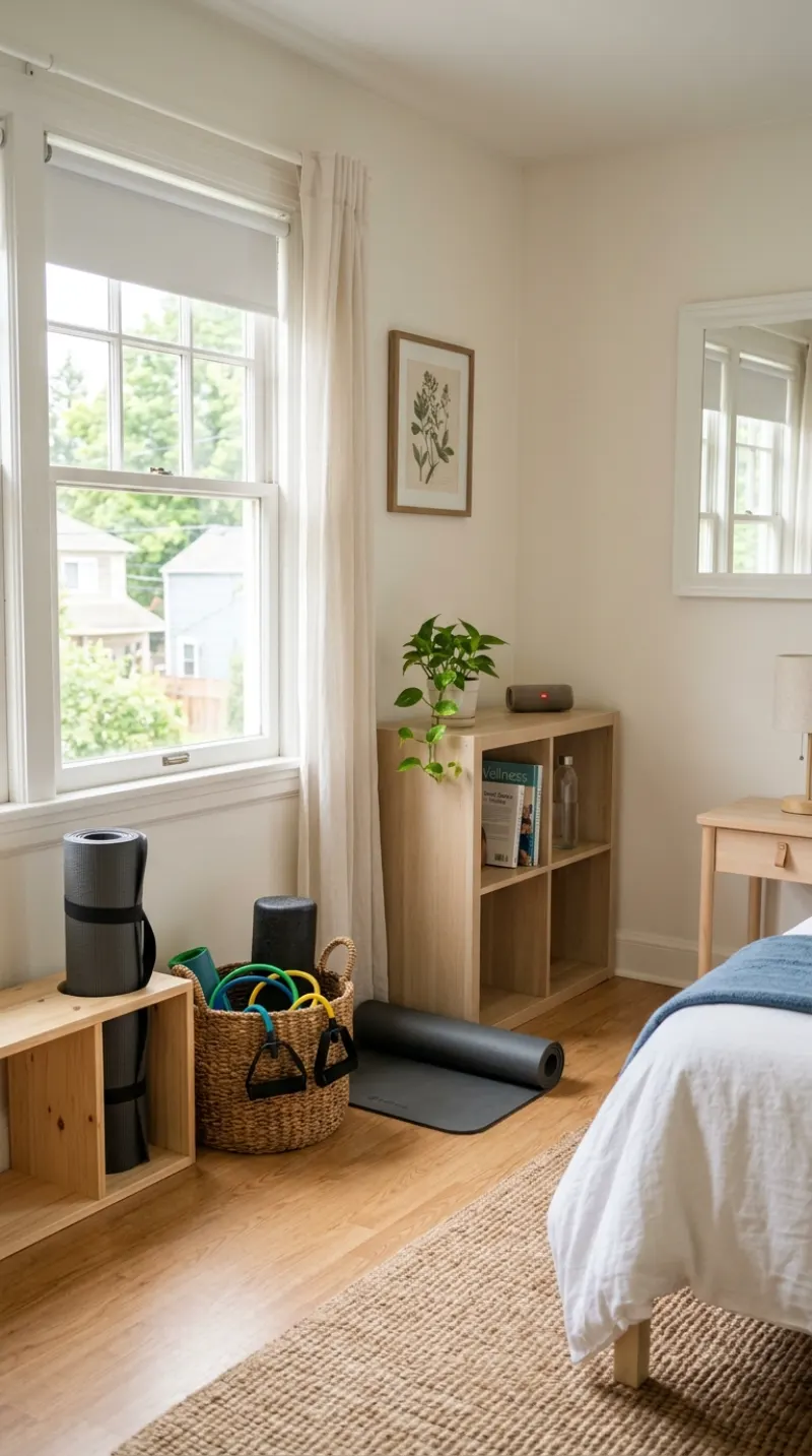 Small bedroom workout corner with an exercise mat and storage basket.