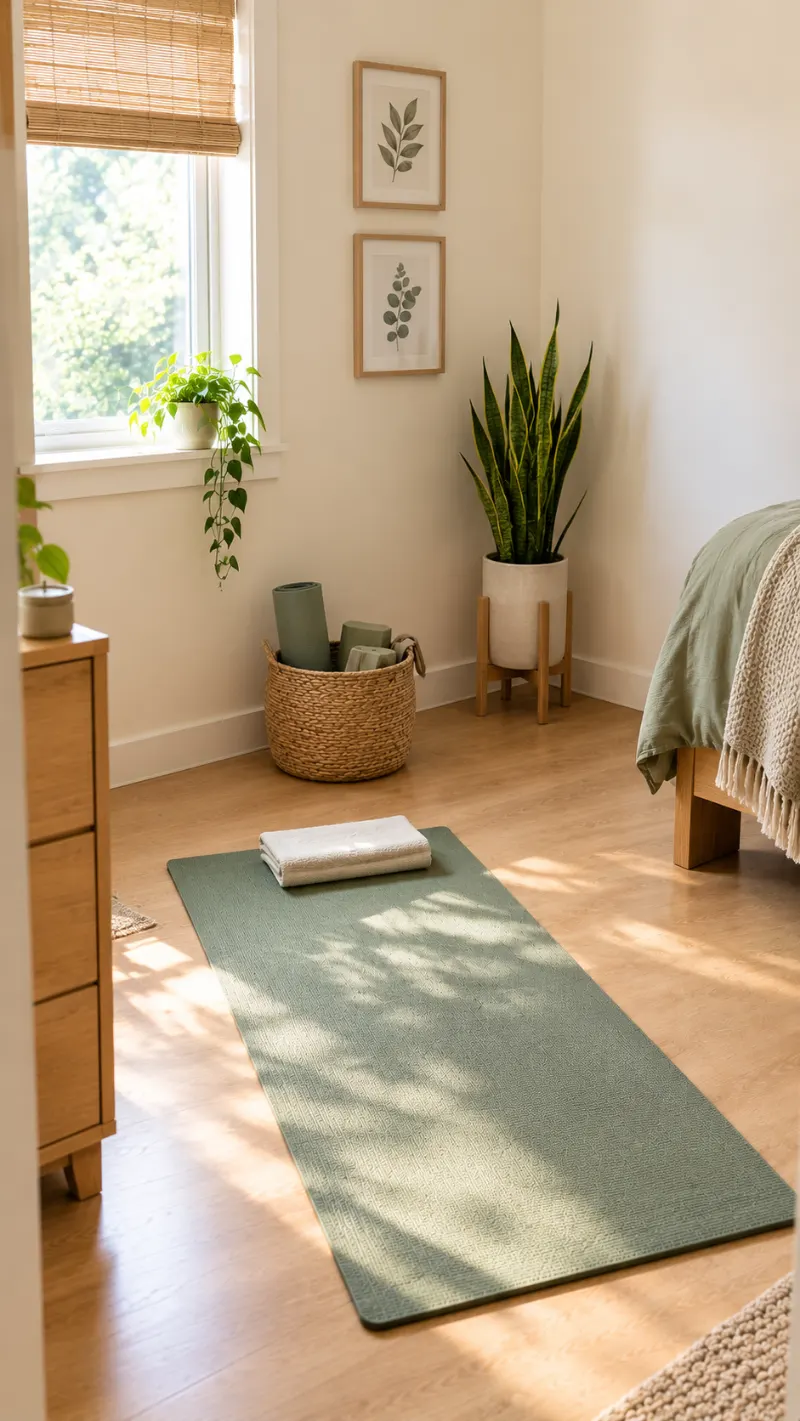 Bright yoga corner with a mat and simple storage basket.