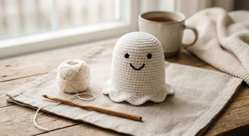 Smiling white crochet ghost with a wavy lower edge on a linen surface.