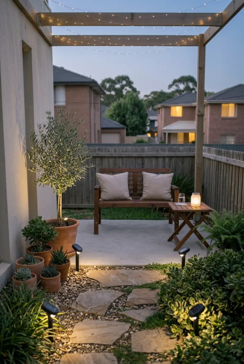 Solar spotlights illuminating potted plants in a rental backyard at dusk.