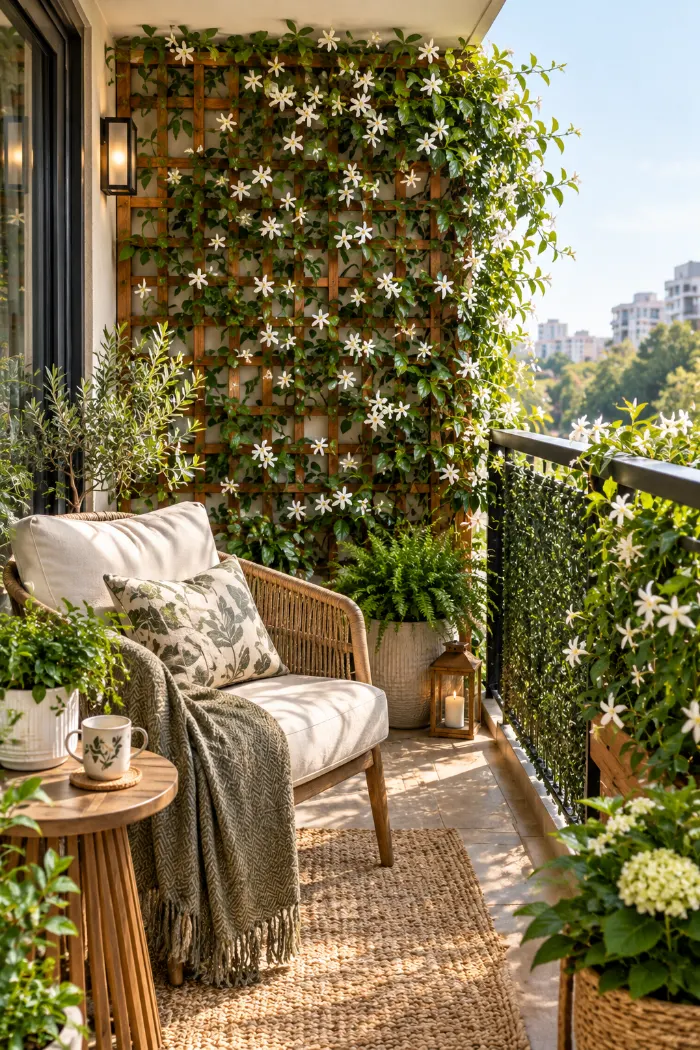 Star jasmine climbing a trellis for balcony privacy
