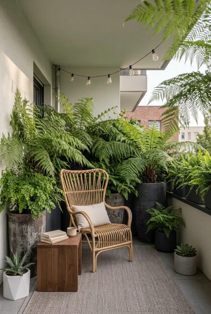 Tall fern plants creating a soft green balcony privacy screen
