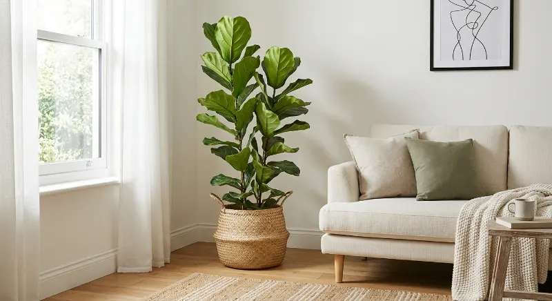 Tall green plant in a woven basket beside a cream living room sofa.