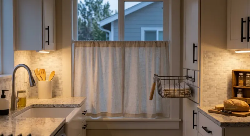 Light tile-look temporary backsplash above a rental kitchen counter.