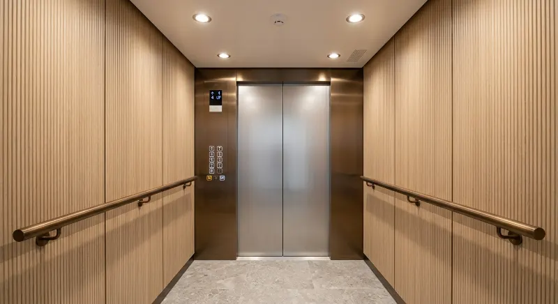 Contemporary elevator interior with textured vertical wall panels and warm metal trim.