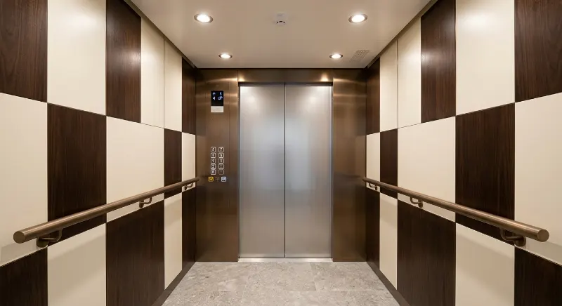 Modern elevator cab with warm white wall panels, a dark walnut accent, and bronze trim.