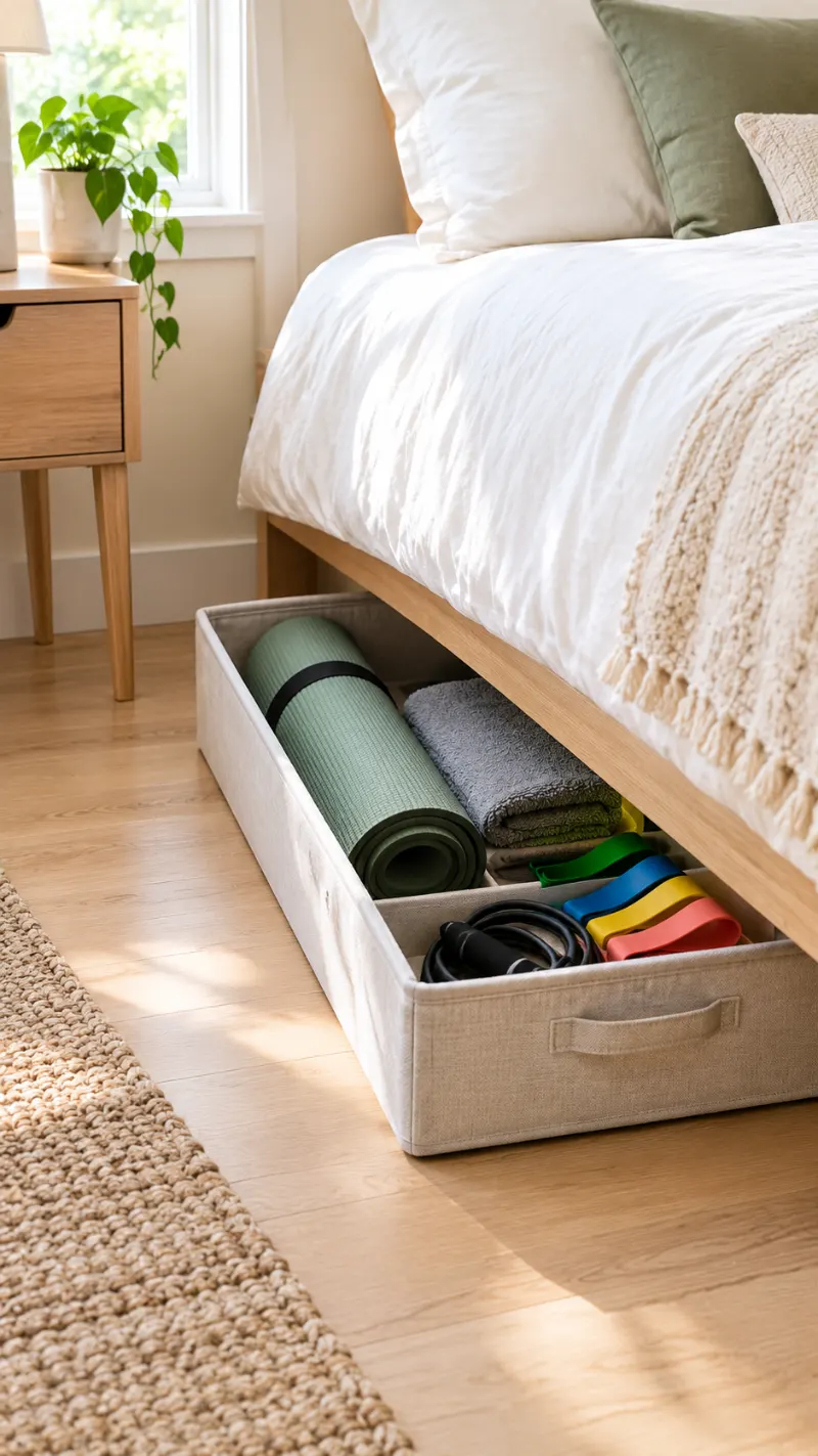 Compact workout equipment stored neatly in a box under a bed.