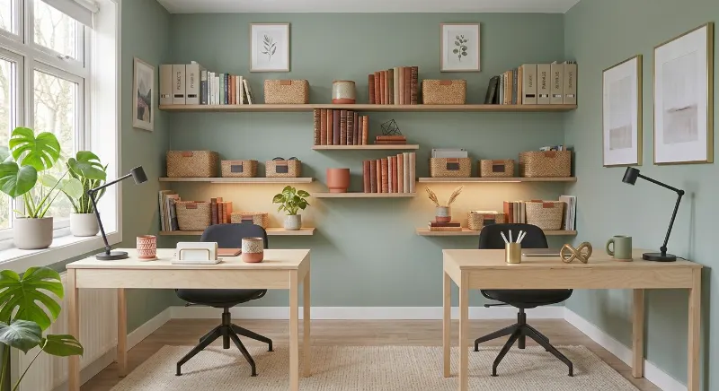 Floating shelves above two compact desks in a small shared office.