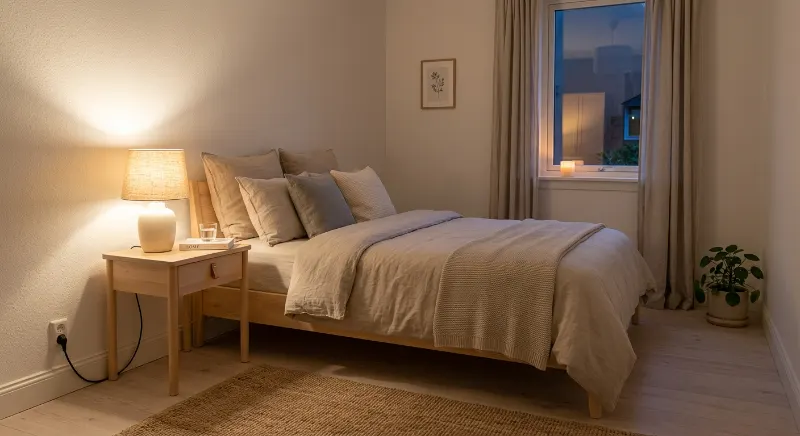 Warm bedside lamp lighting a cozy rental bedroom.