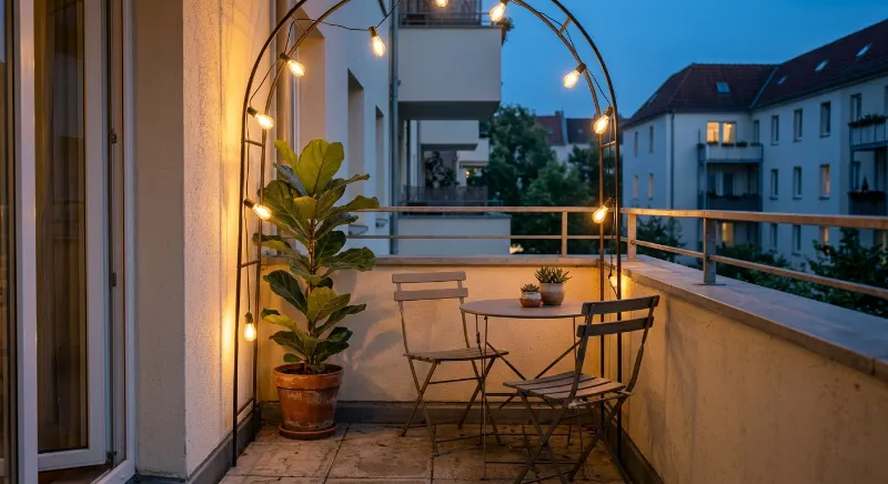  Small rental balcony with warm-white string lights and compact outdoor seating.