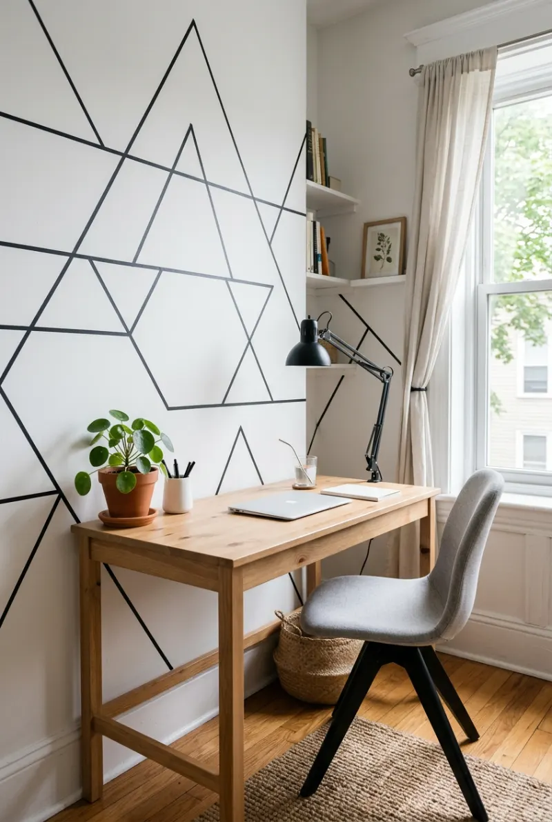 White rental home office with a black geometric washi tape pattern behind a wooden desk.